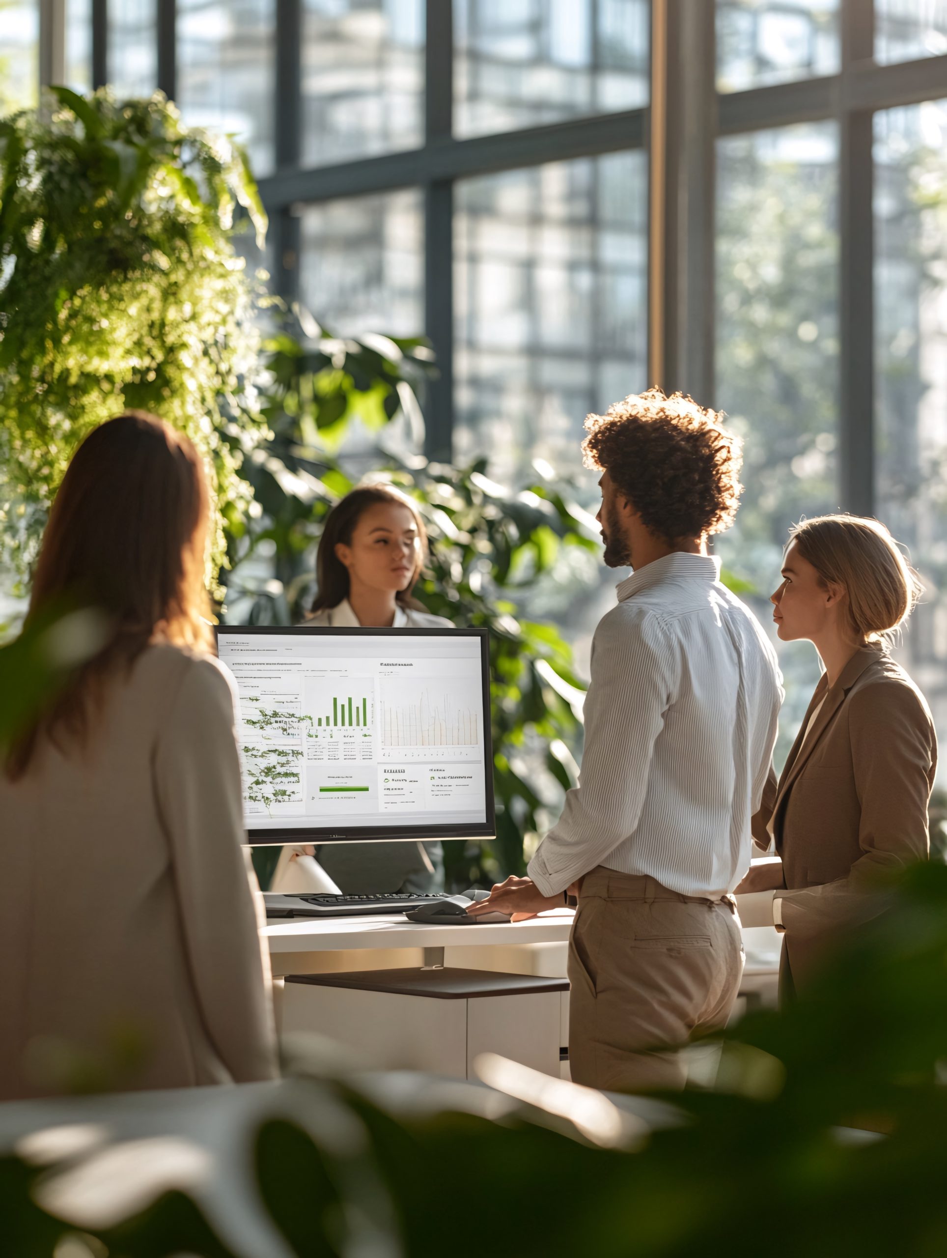 Teammeeting im Büro mit Präsentation am Bildschirm