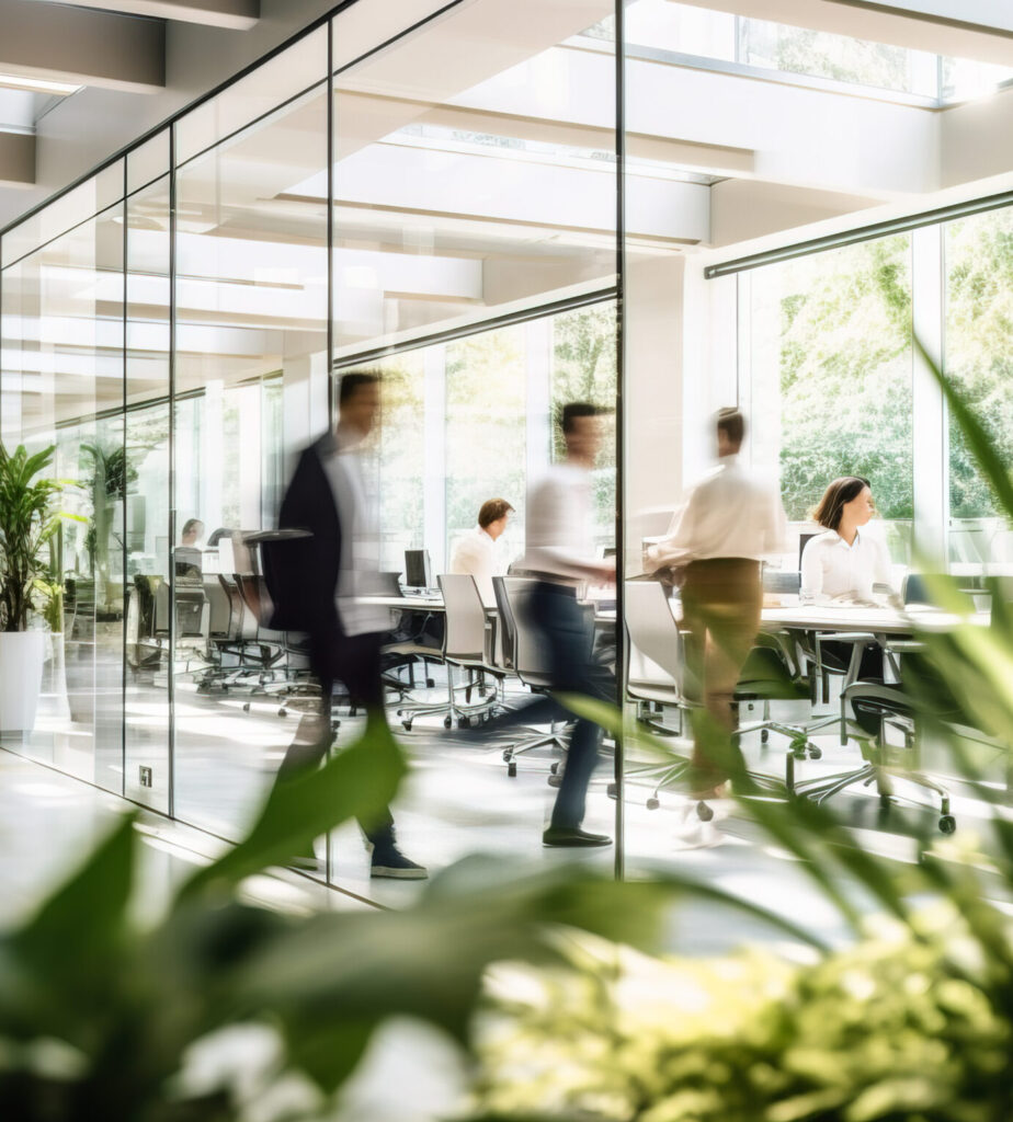 Büro mit Glastüren und Menschen im Büro